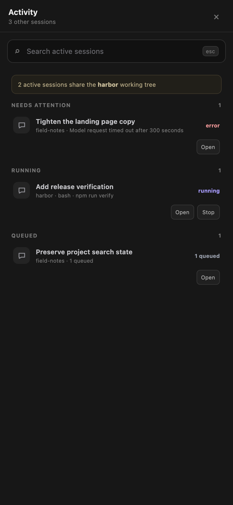 Full-screen mobile Activity view with session status and controls