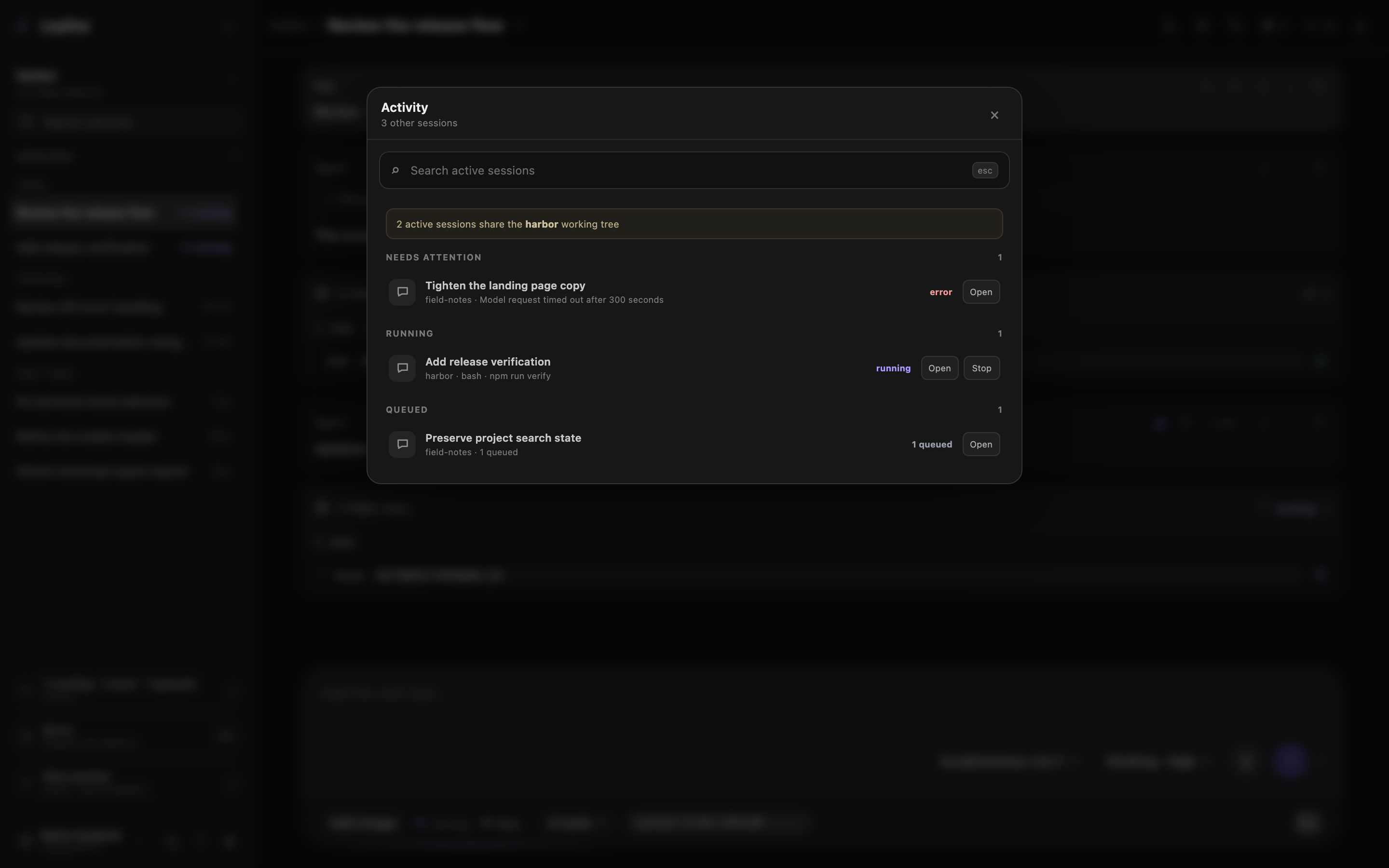 Activity panel listing a failed session, a running session, and a queued session