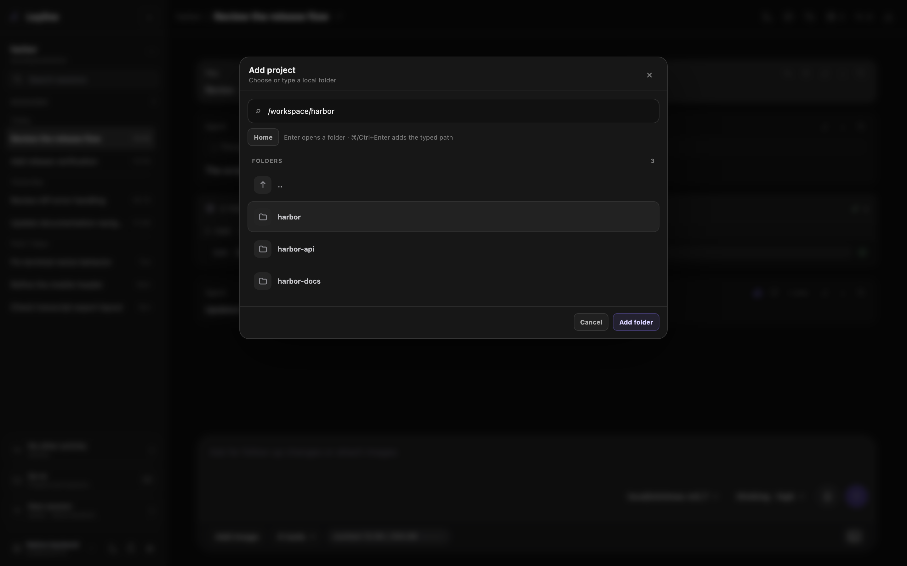 Add project browser with a typed path and matching local folders