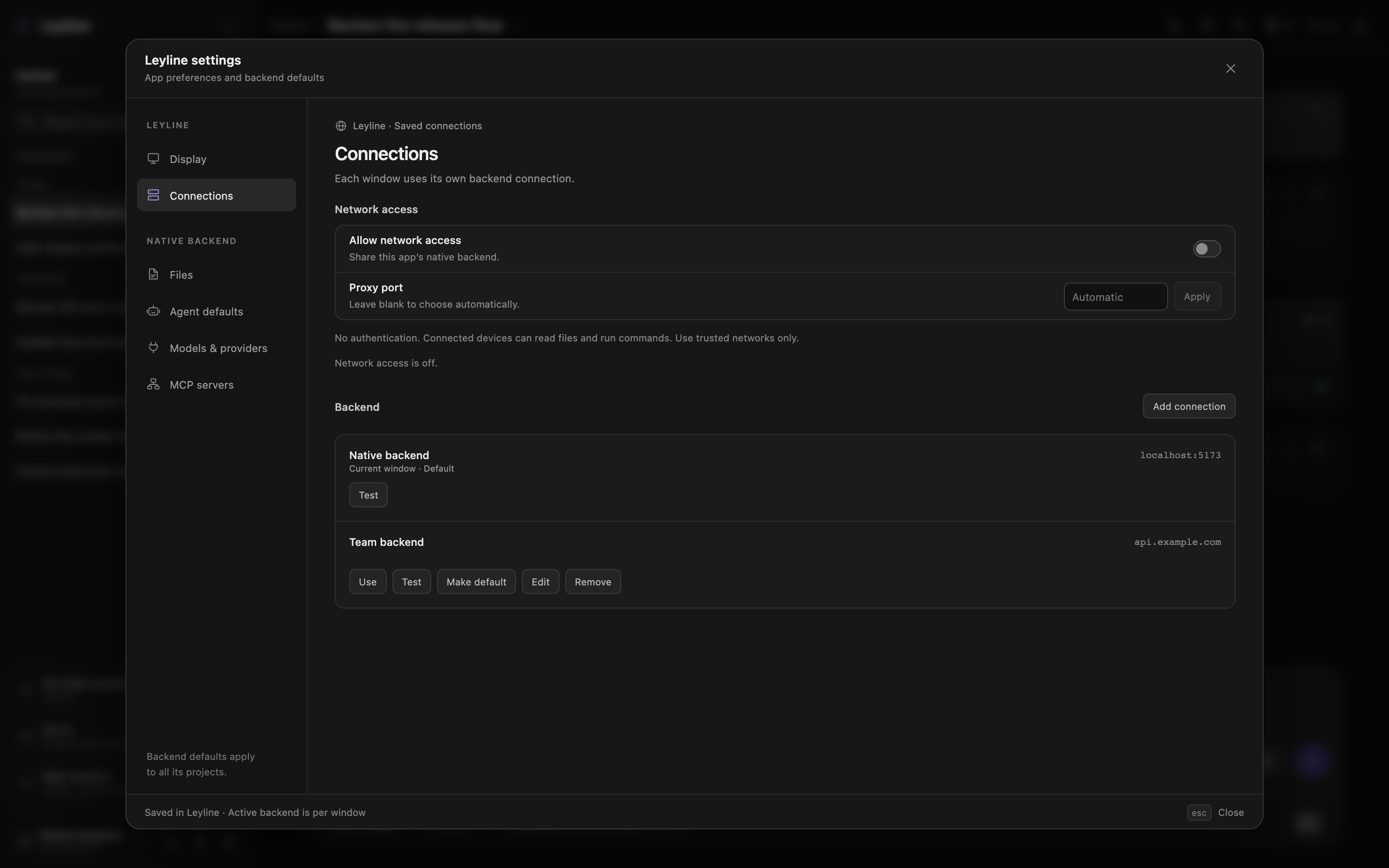 Connections category in the global Settings modal