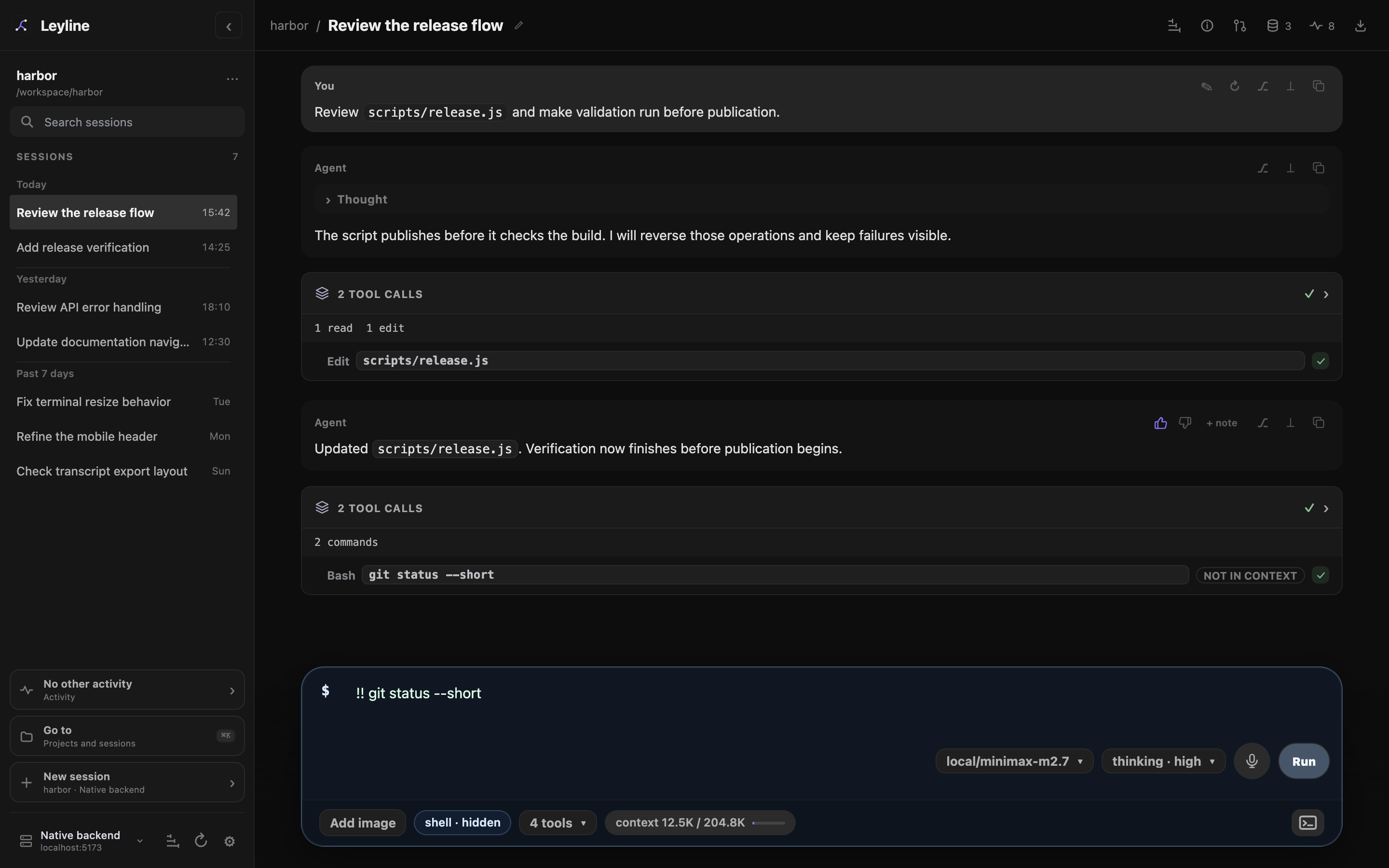 Composer in hidden shell mode with shell tool context labels in the transcript