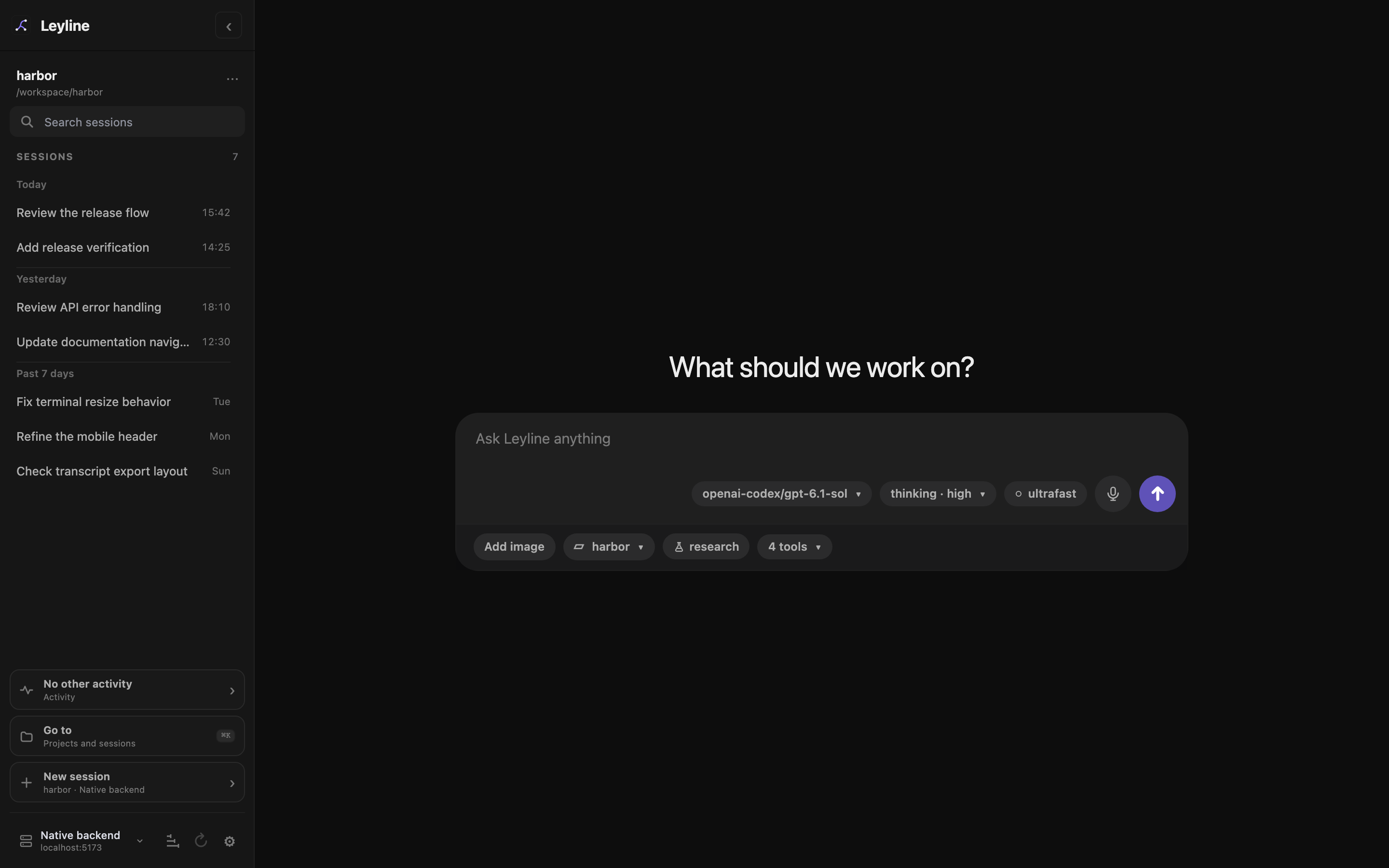 Leyline start screen with project, model, thinking, research, and tool controls