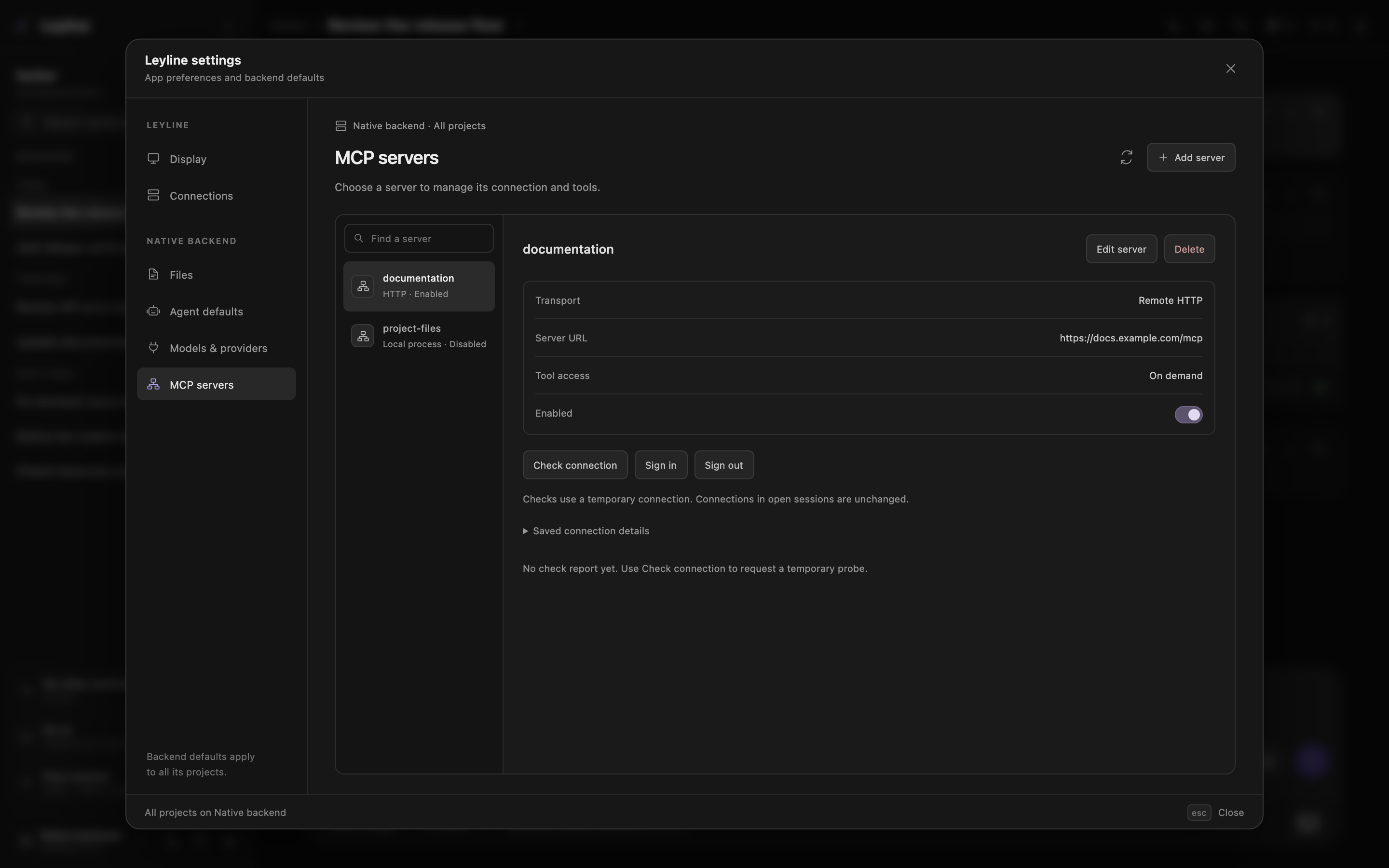 MCP server configuration with explicit connection and sign-in actions