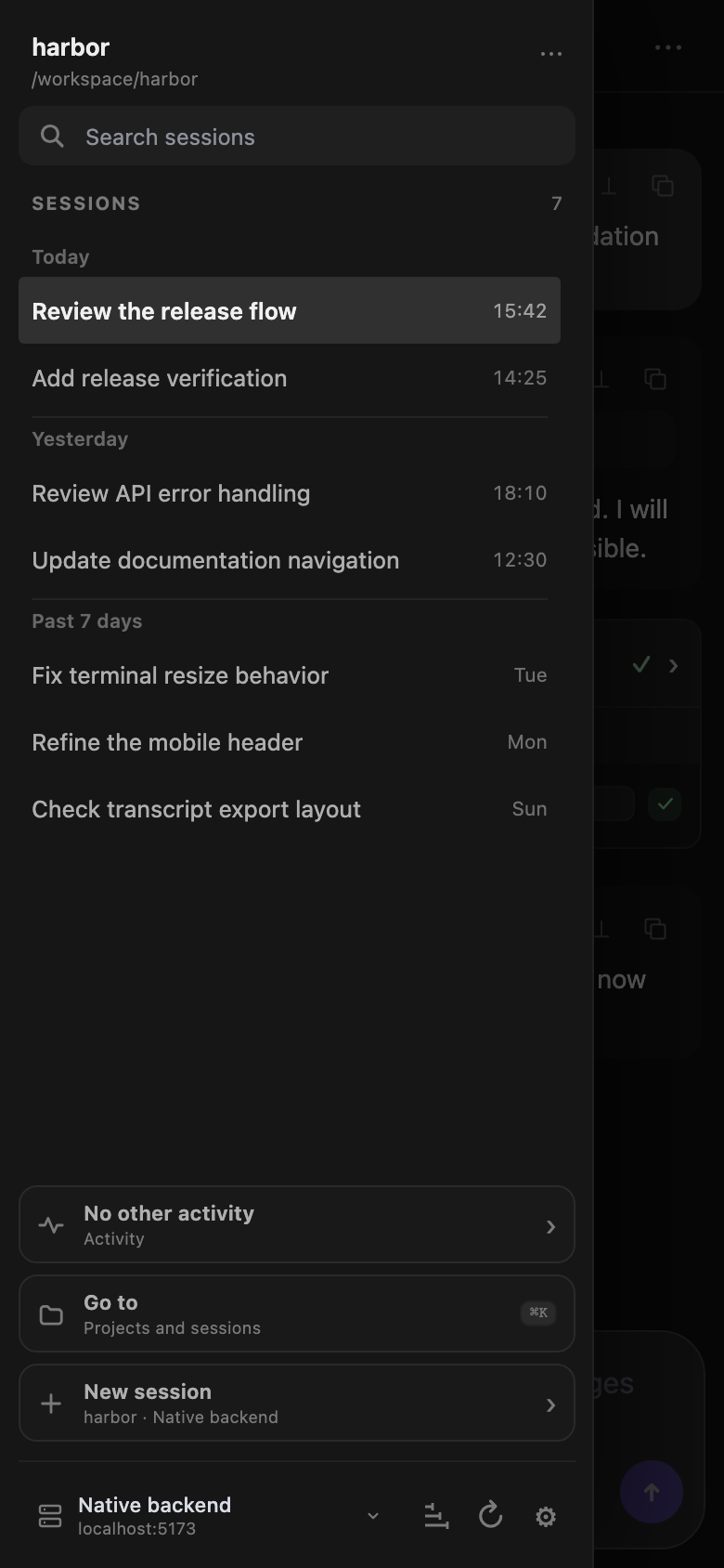 Mobile session sidebar open above the workbench