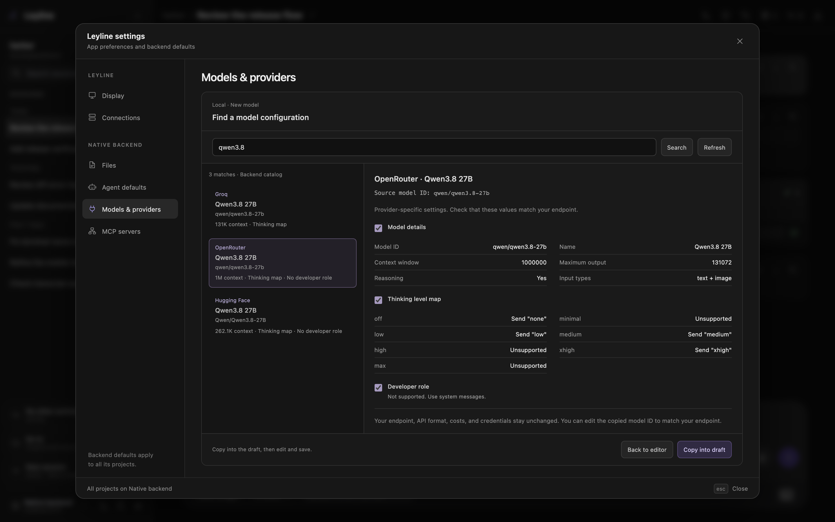 Catalog search with provider variants, selected import fields, and a fixed Copy into draft button
