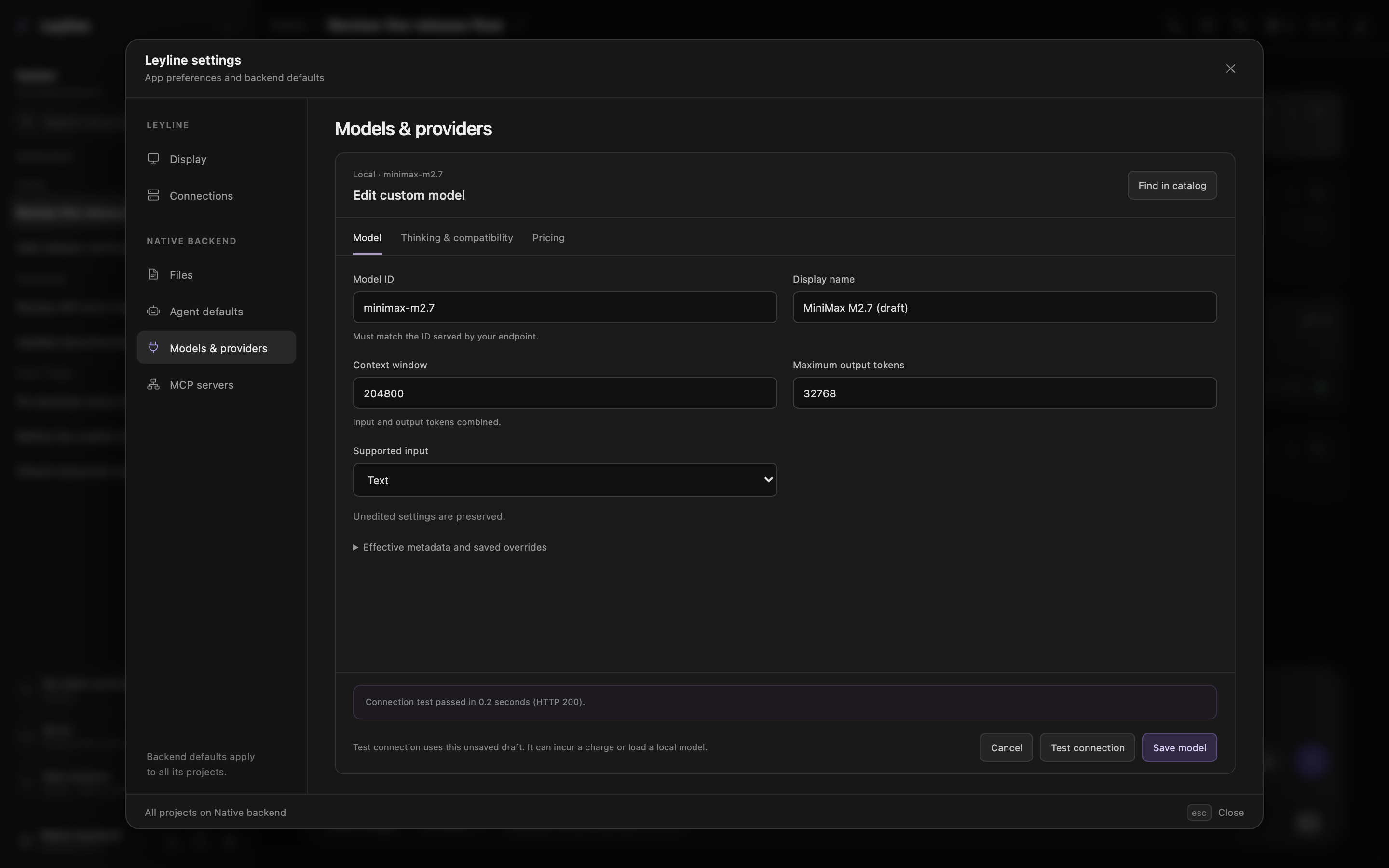 Tabbed model editor with test feedback beside the fixed Save and Test connection controls