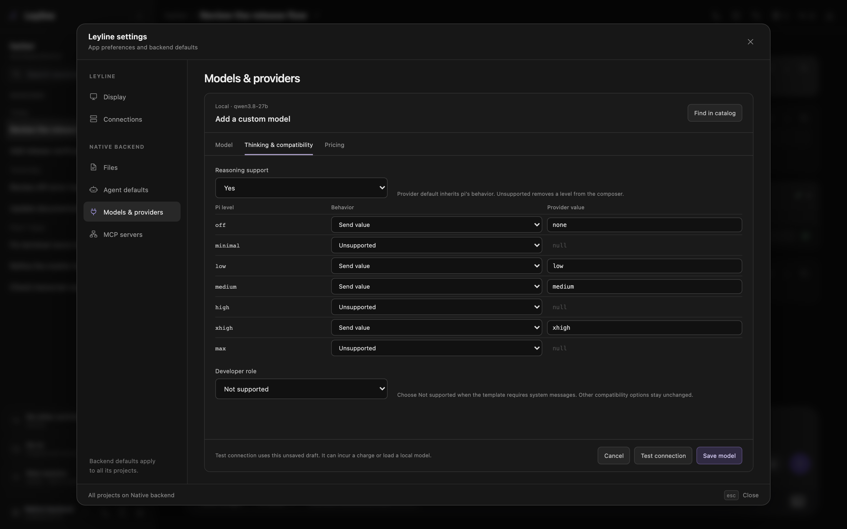 Thinking and compatibility section with a Qwen thinking map and developer role disabled