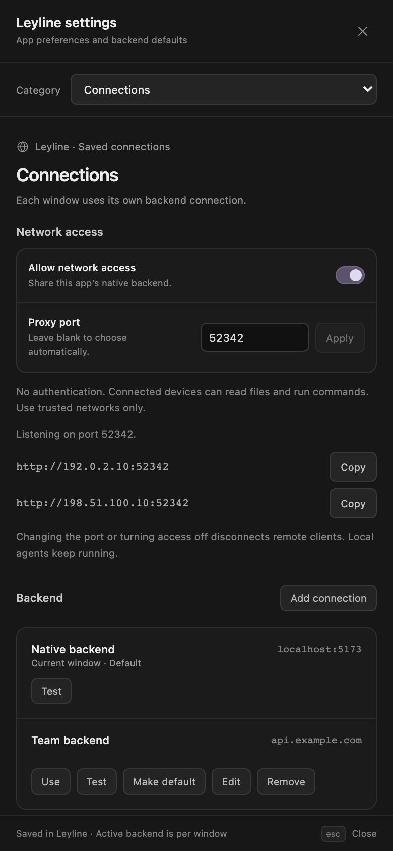 Mobile Connections settings with a saved proxy port and copyable sharing URLs