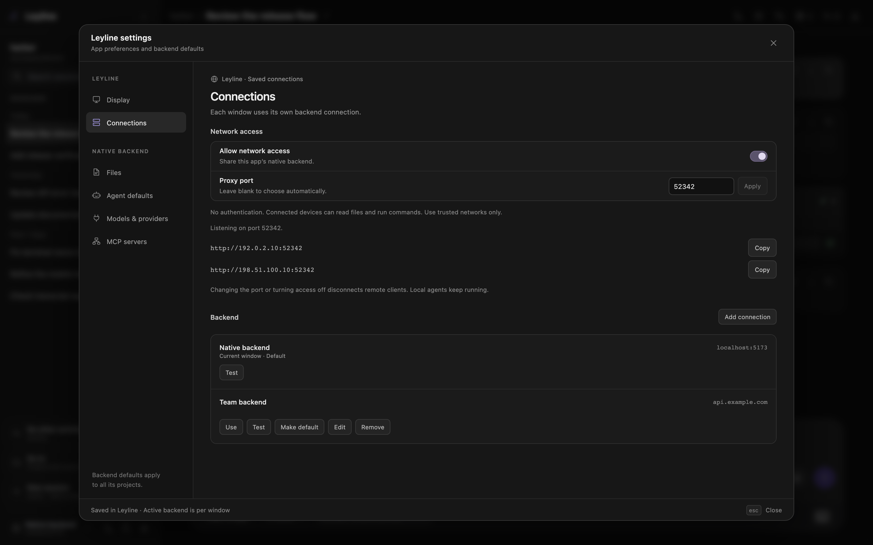 Network access enabled with a saved proxy port and copyable sharing URLs