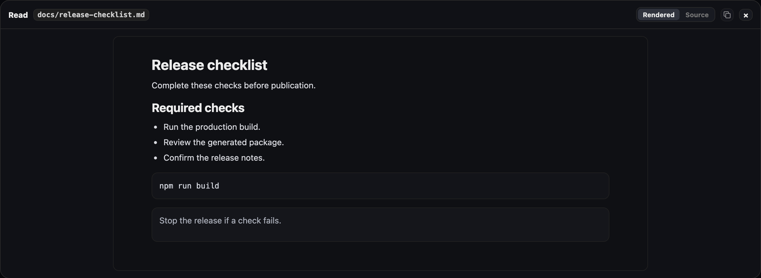 Fullscreen Markdown preview with Rendered and Source controls