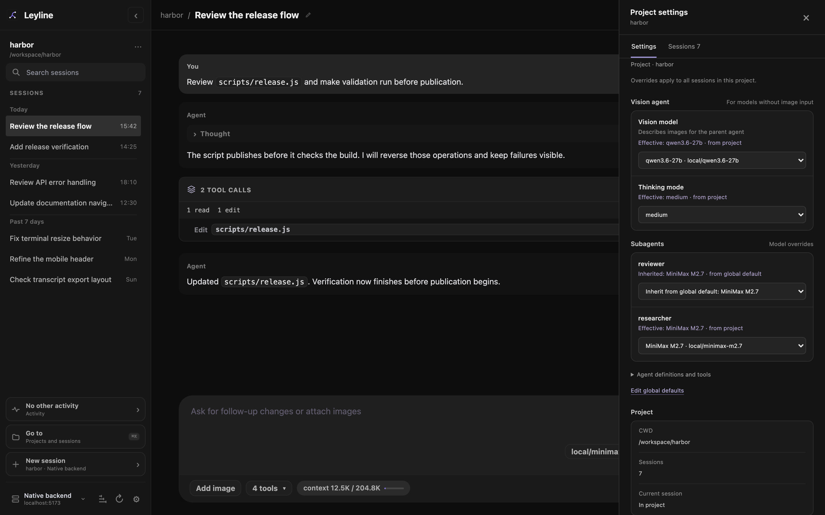 Project settings drawer with project-scoped agent overrides