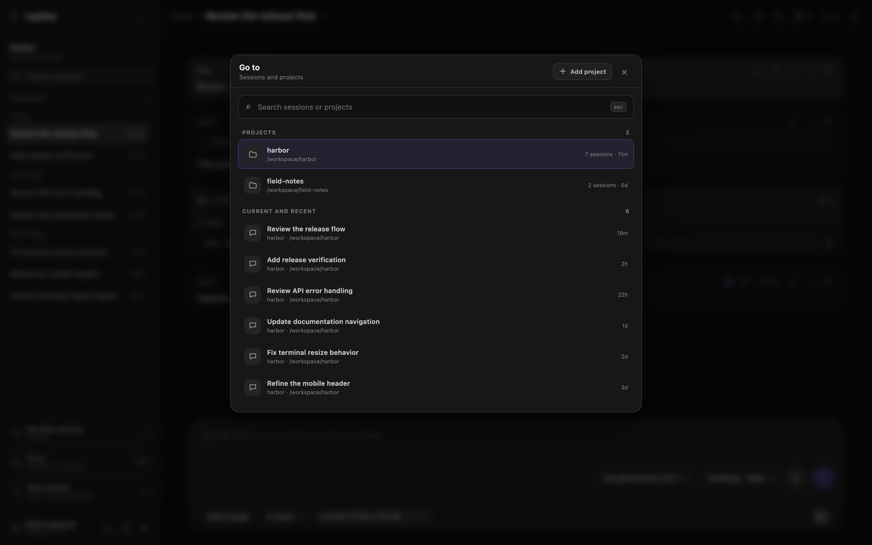 Go to navigator with Add project, project results, and recent sessions