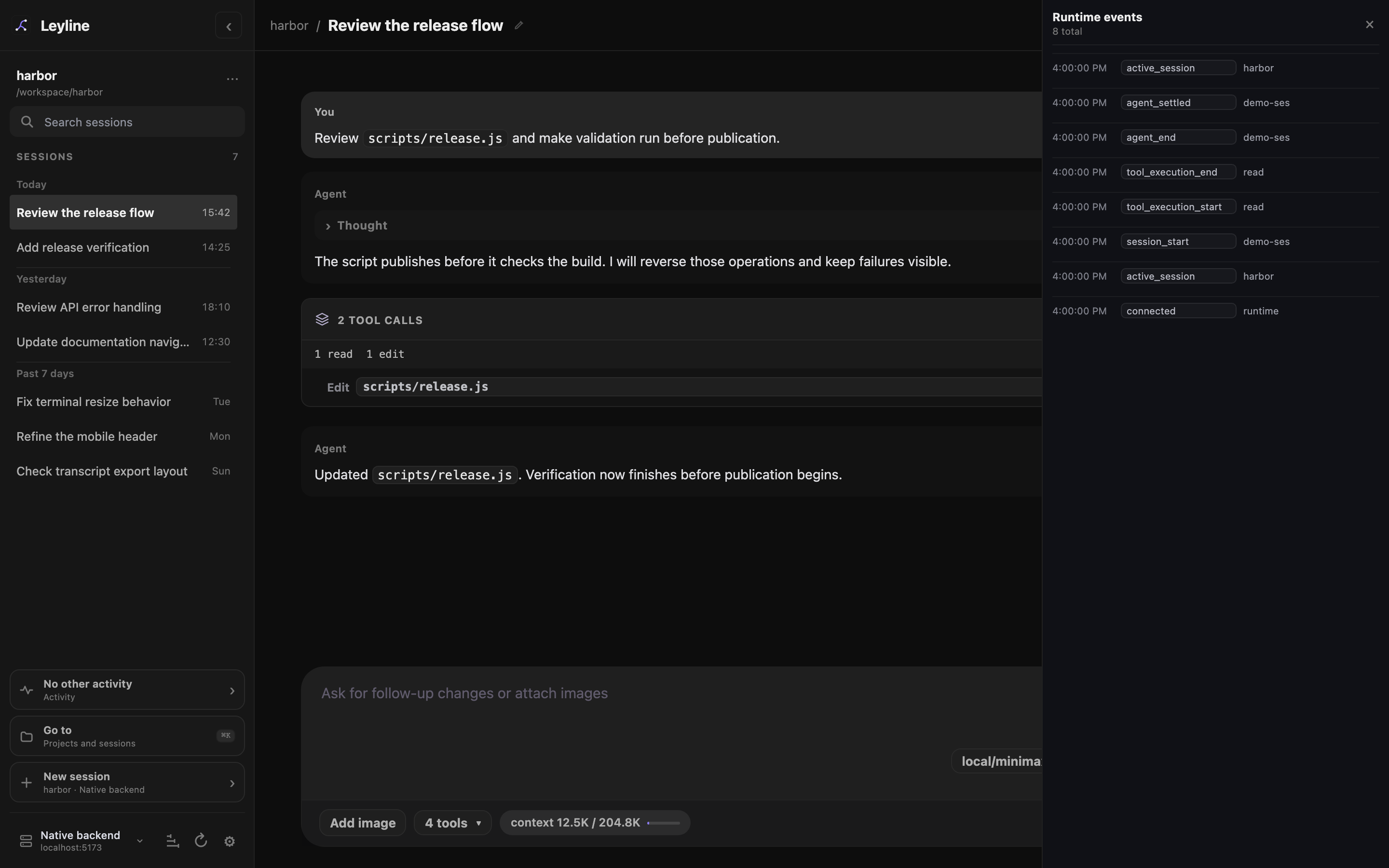 Runtime events drawer with recent event rows