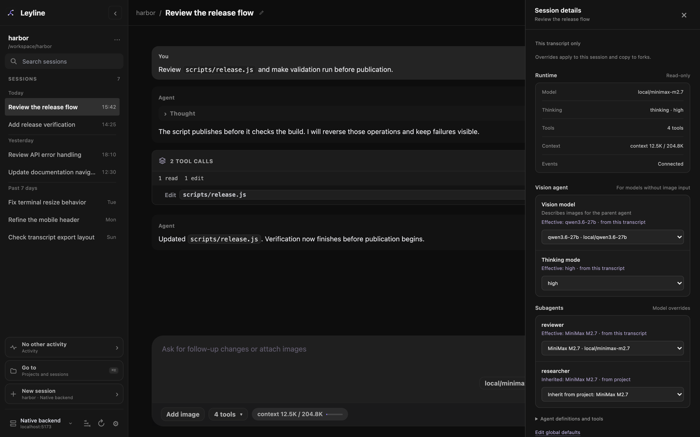 Session details with read-only runtime state and session overrides