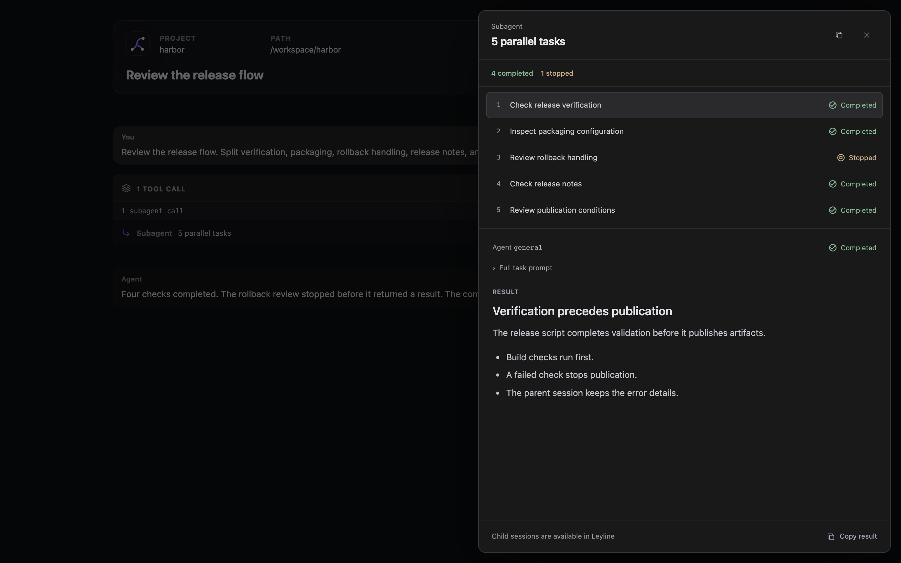 Exported subagent inspector with task outcomes and a selected result