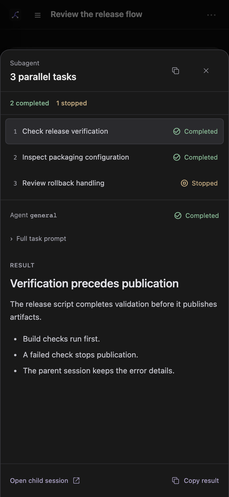 Mobile subagent inspector with task outcomes and a selected result