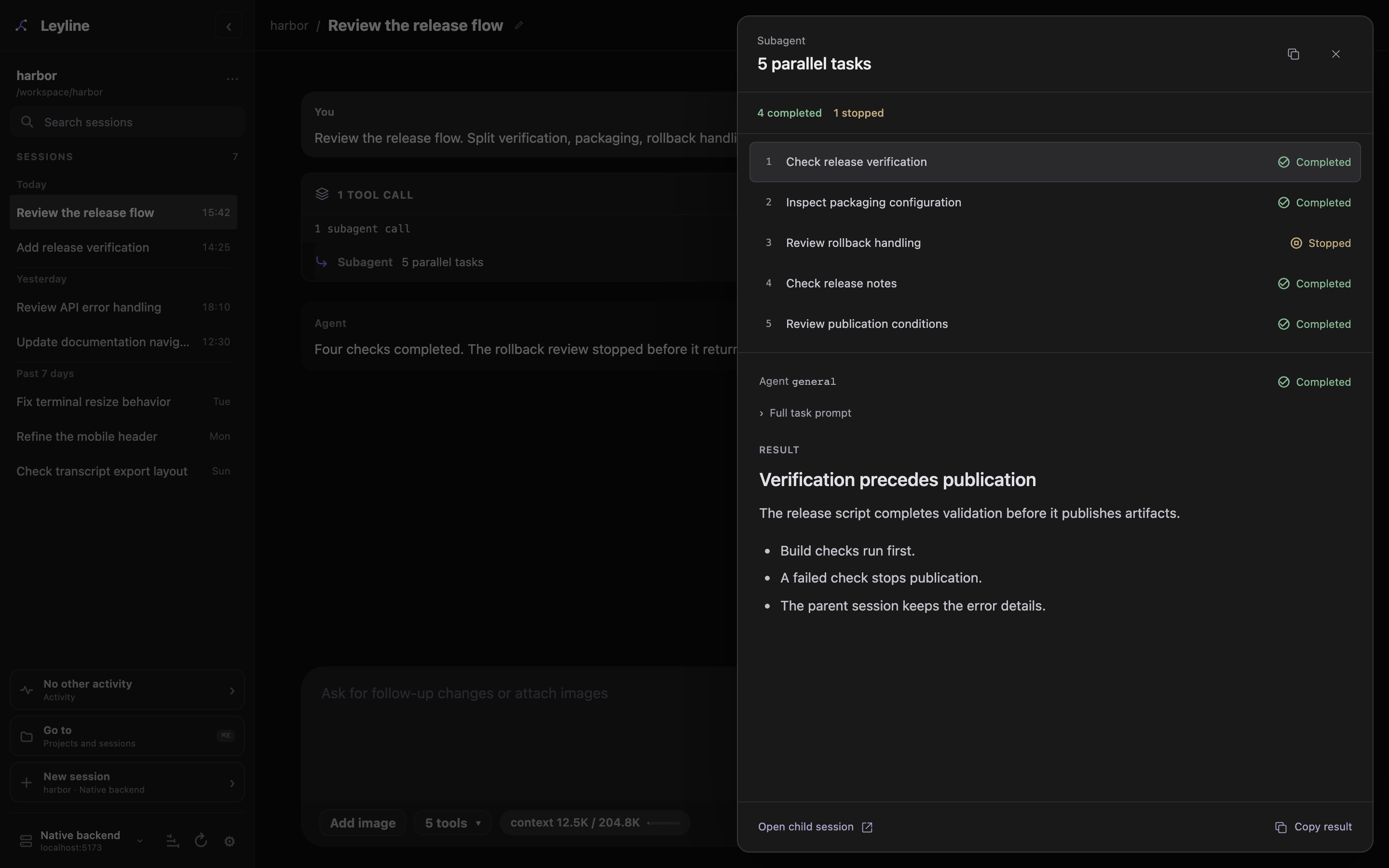 Subagent inspector with four completed tasks, one stopped task, and a selected Markdown result