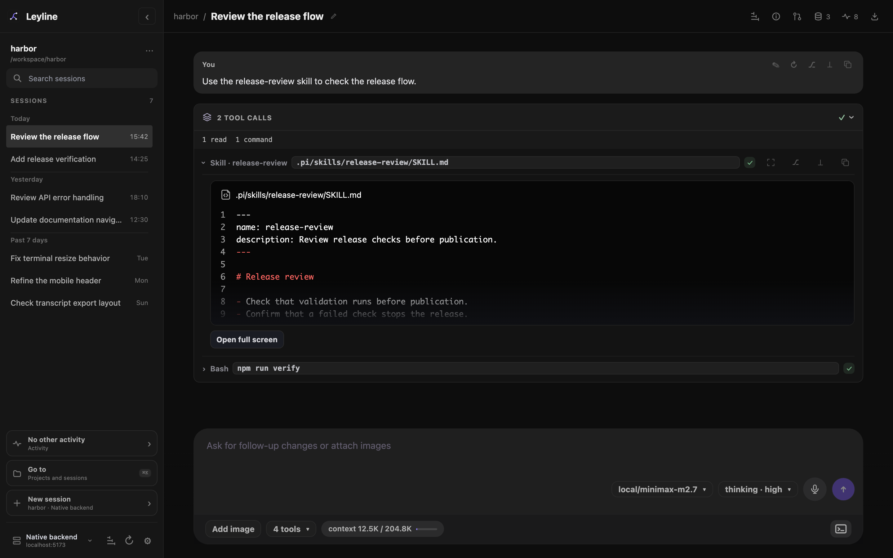 Activity card with an expanded skill-file preview, Open full screen, and a collapsed shell call