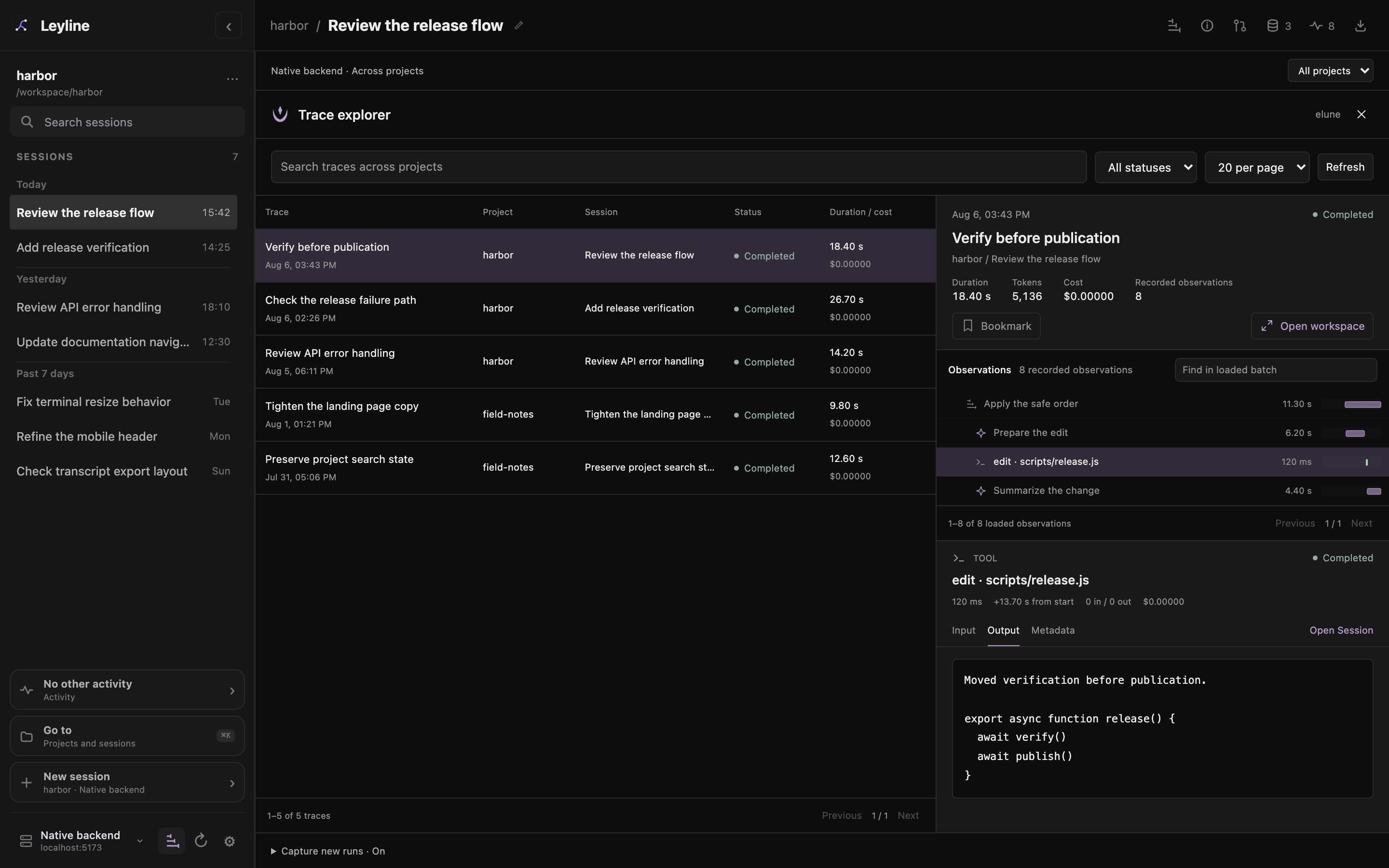 Trace explorer with project, search, and status filters above recorded runs