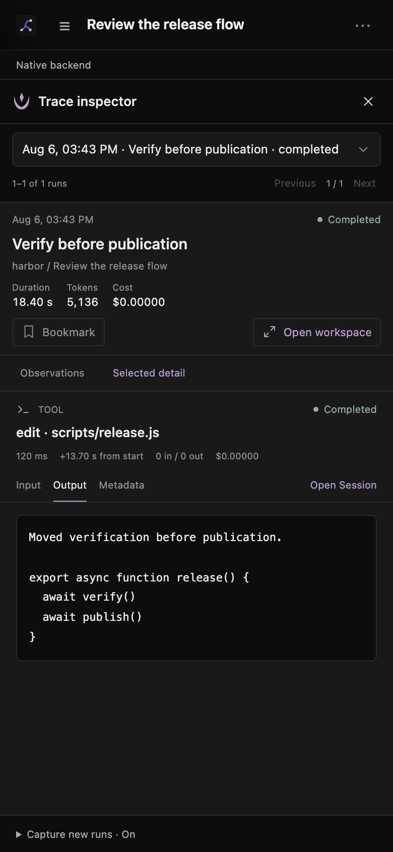 Mobile trace view with the selected observation details
