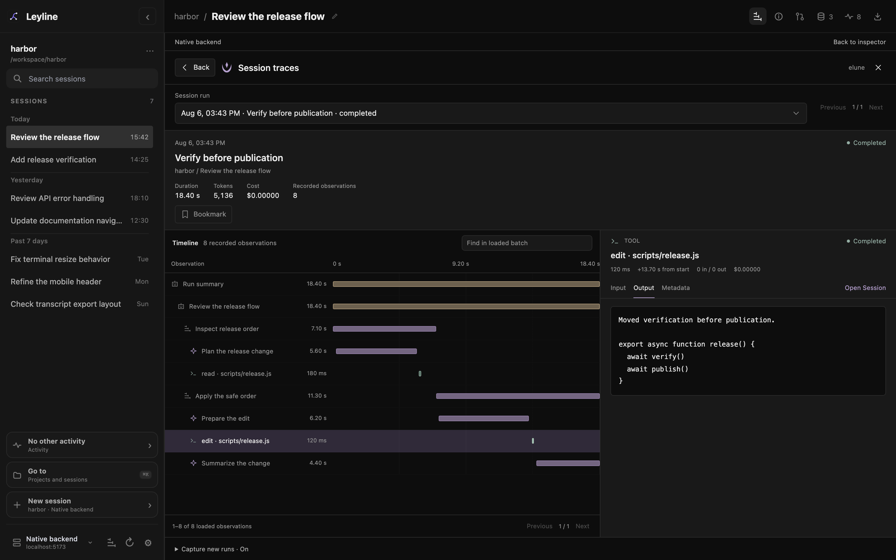 Elune tracing workspace with a run timeline and selected observation details