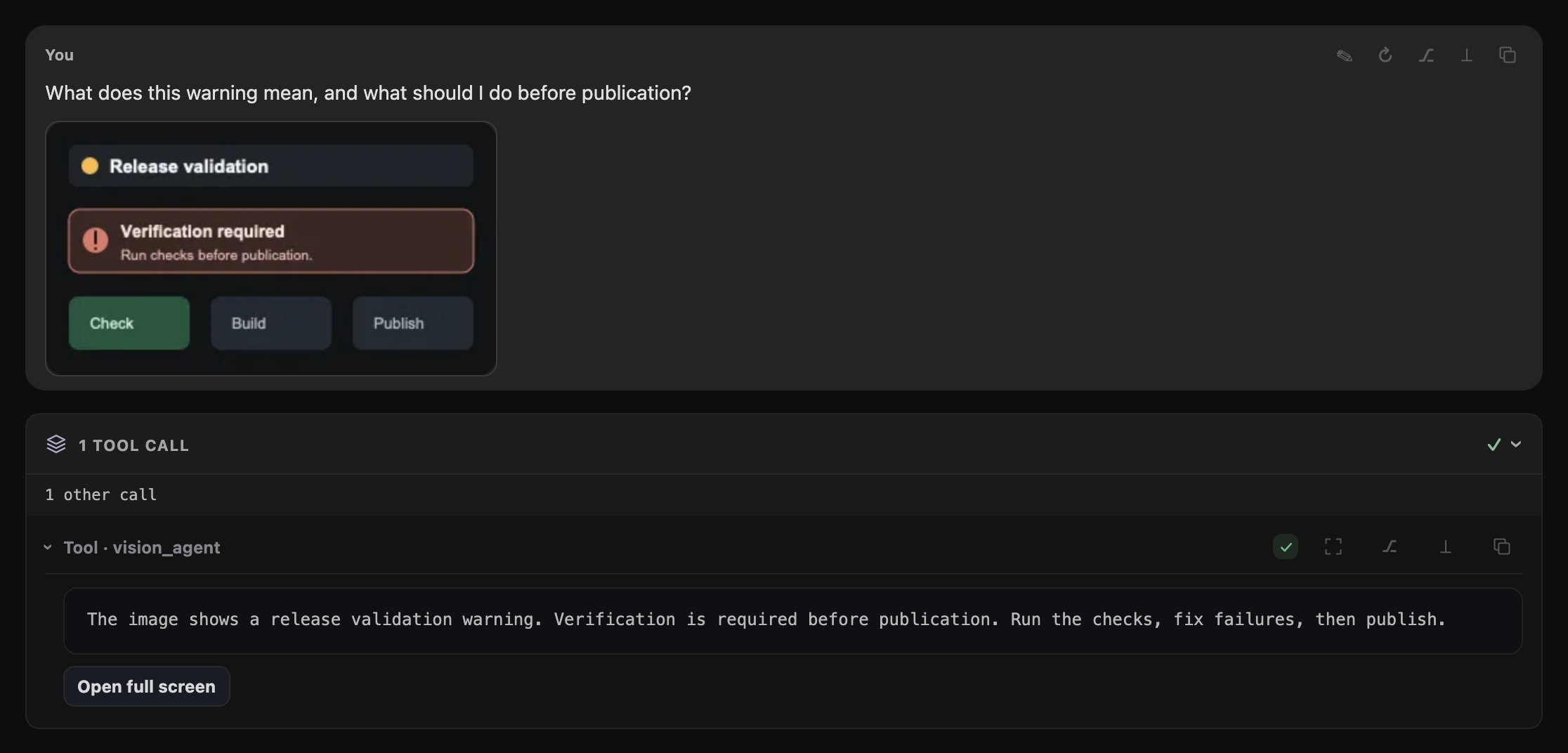 Attached release warning followed by an expanded vision_agent tool result